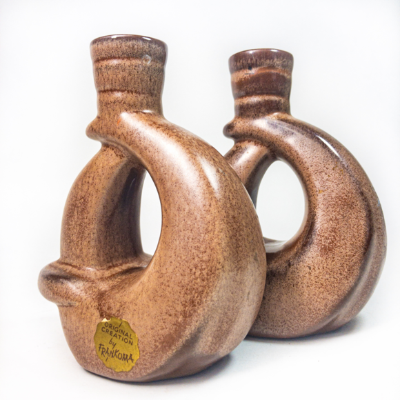 Pair MCM Frankoma Pottery #305 Brown Candle Holders